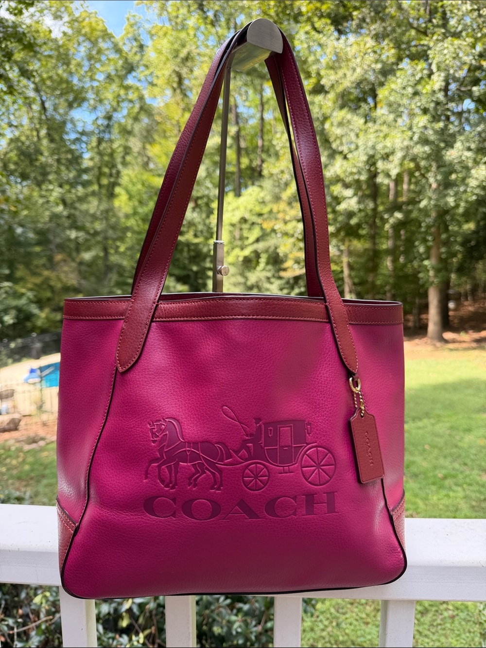 Coach Hot Pink Leather Tote with Brown Trim